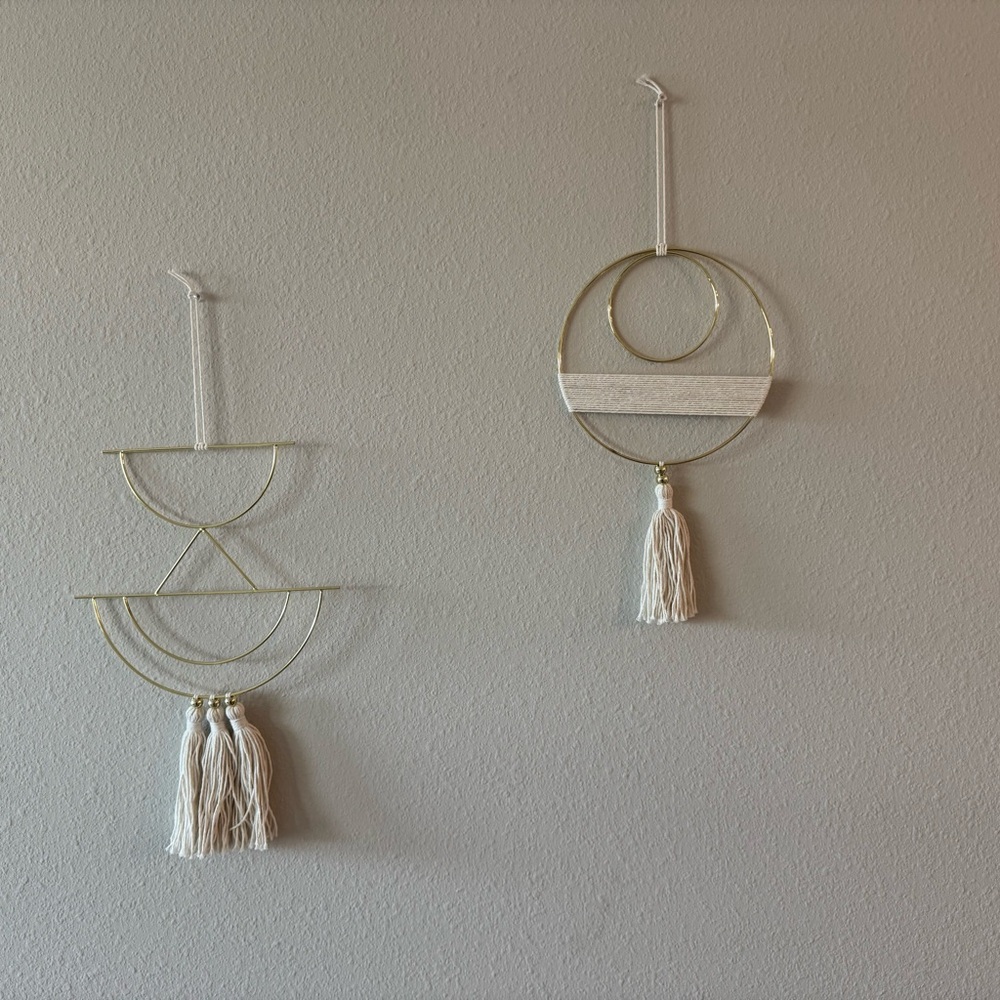 Set of Two Perfect Condition Gold Metal and Macrame Decorative Wall Hangings